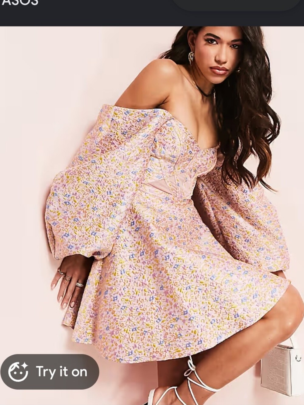 ASOS LUXE Pink Floral Puff Sleeve Skater Dress